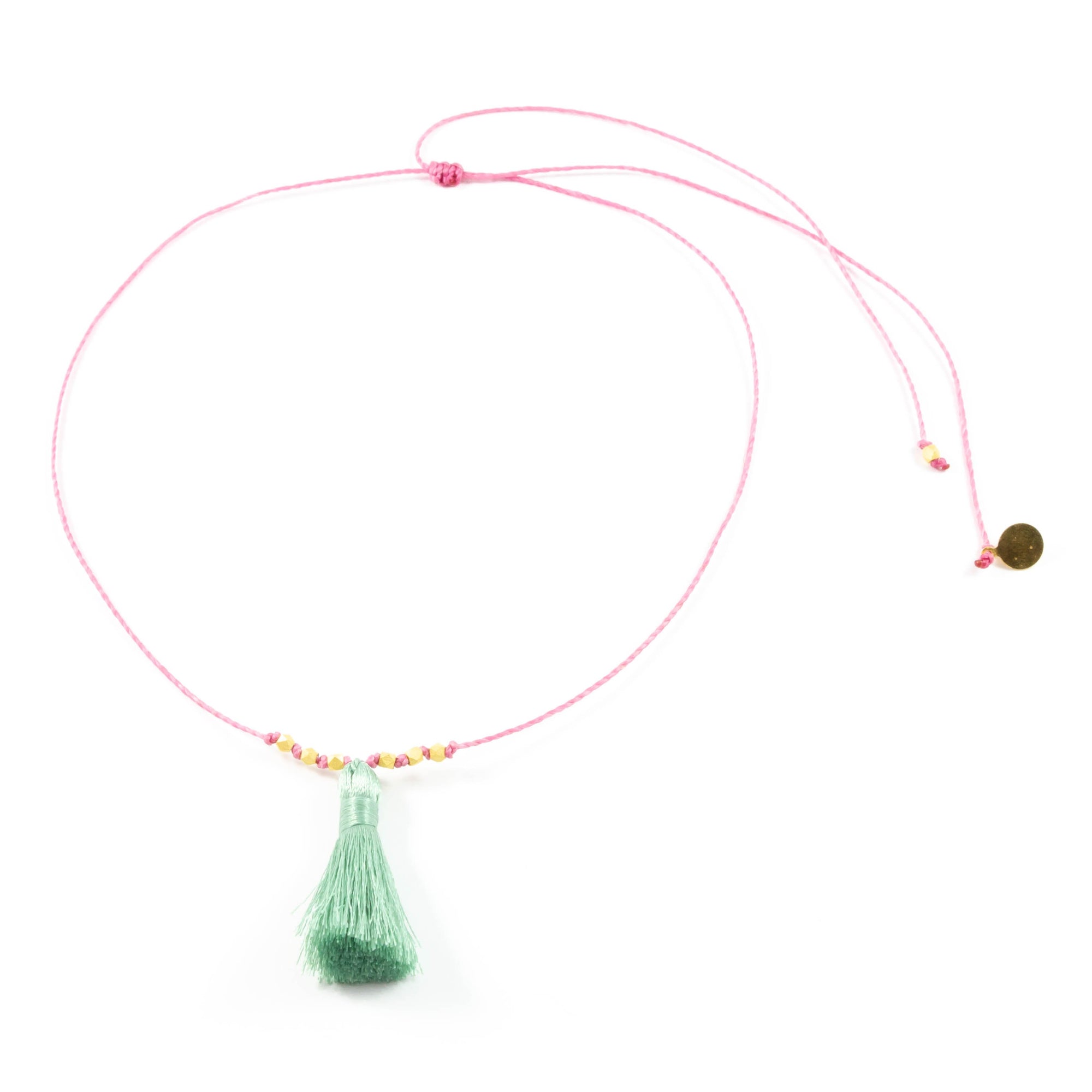 Rose w/ Cucumber Tassel On a String Necklace in Gold