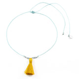 Stormy Ocean w/ Mustard Tassel On a String Necklace in Silver