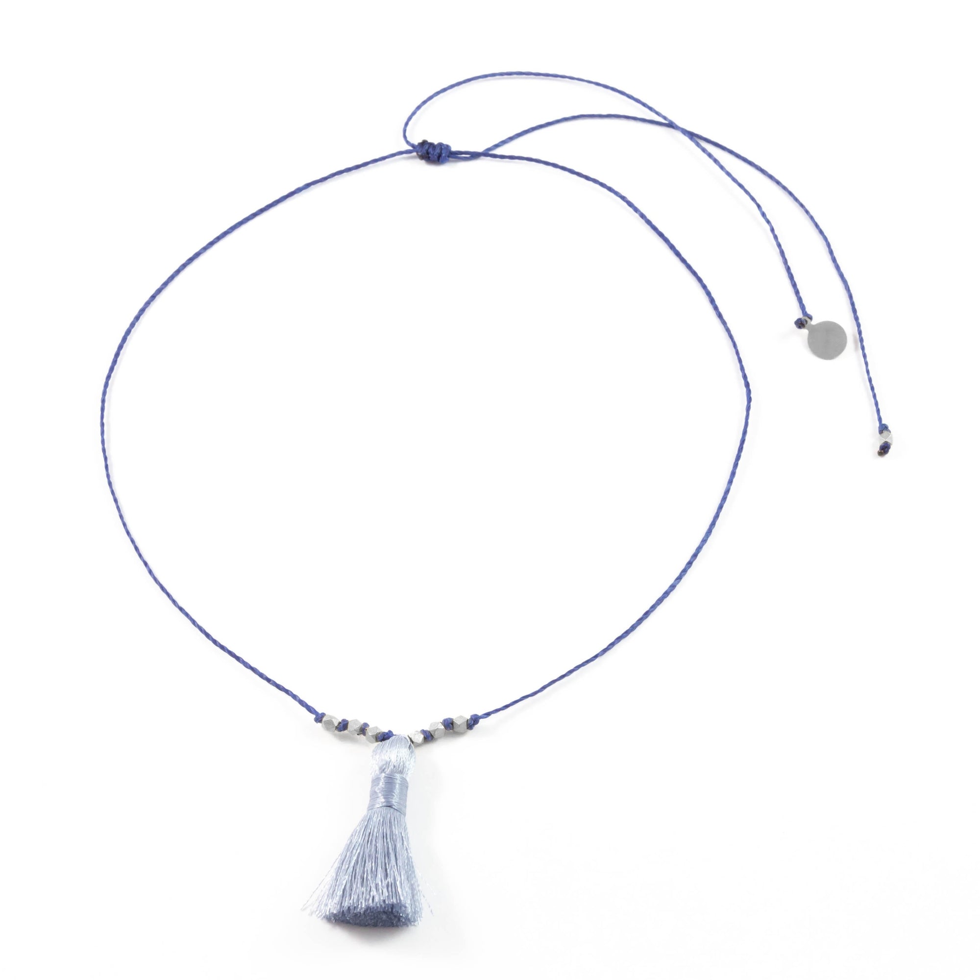 Navy w/ Denim Tassel On a String Necklace in Silver
