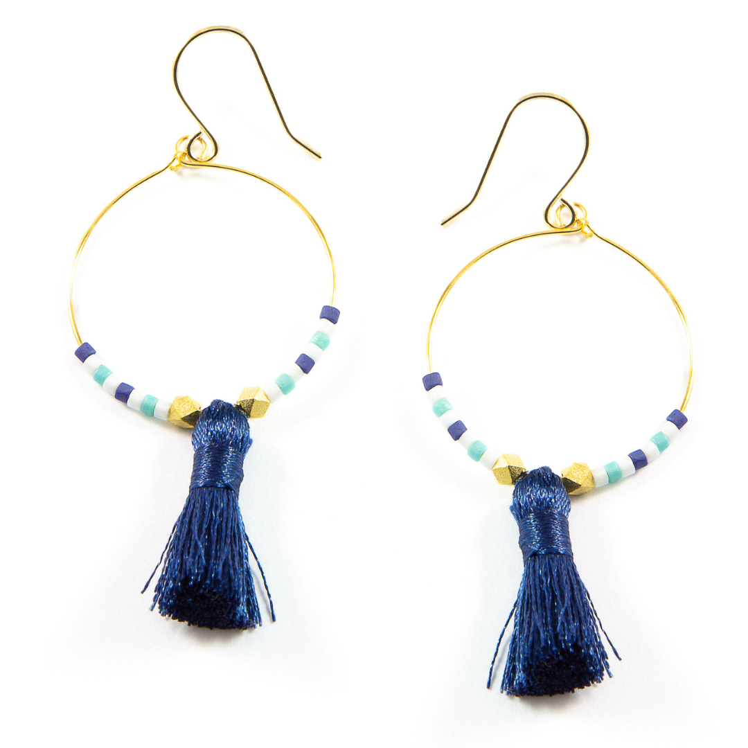 Teal w/ Navy Hoop Tassel Earrings in Gold