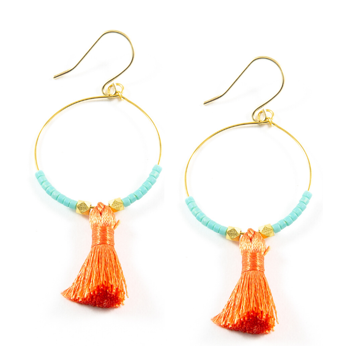 Teal w/ Dark Coral Hoop Tassel Earrings in Gold