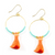 Teal w/ Dark Coral Hoop Tassel Earrings in Gold