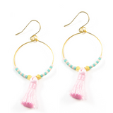 Sunset Pink Hoop Tassel Earrings in Gold