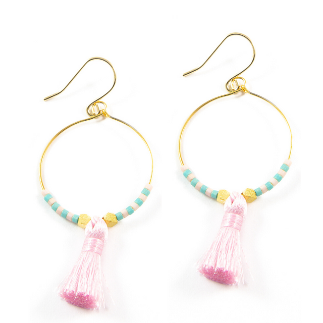 Sunset Pink Hoop Tassel Earrings in Gold