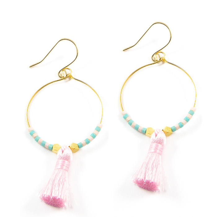 Sunset Pink Hoop Tassel Earrings in Gold