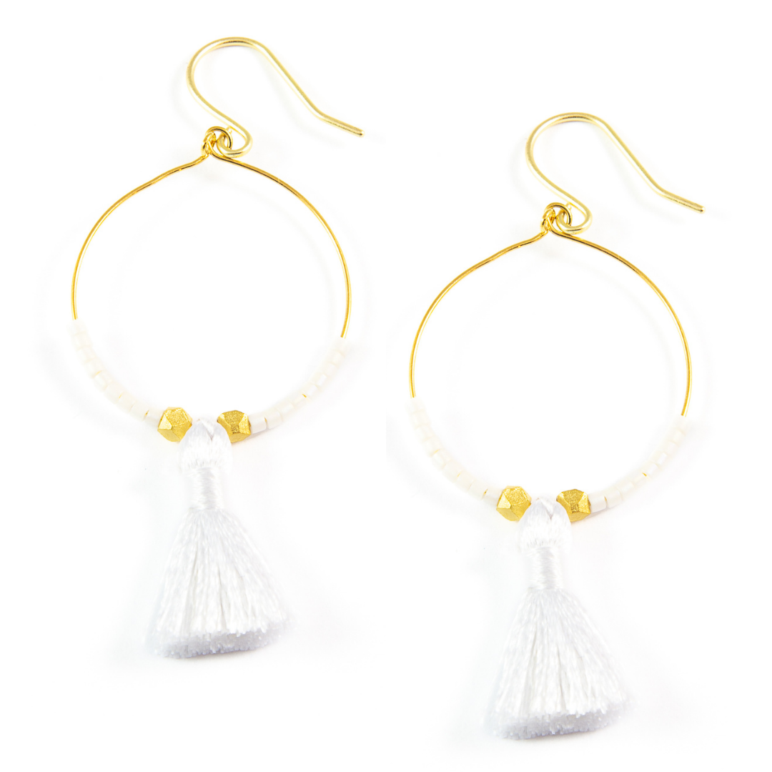 White Hoop Tassel Earrings in Gold