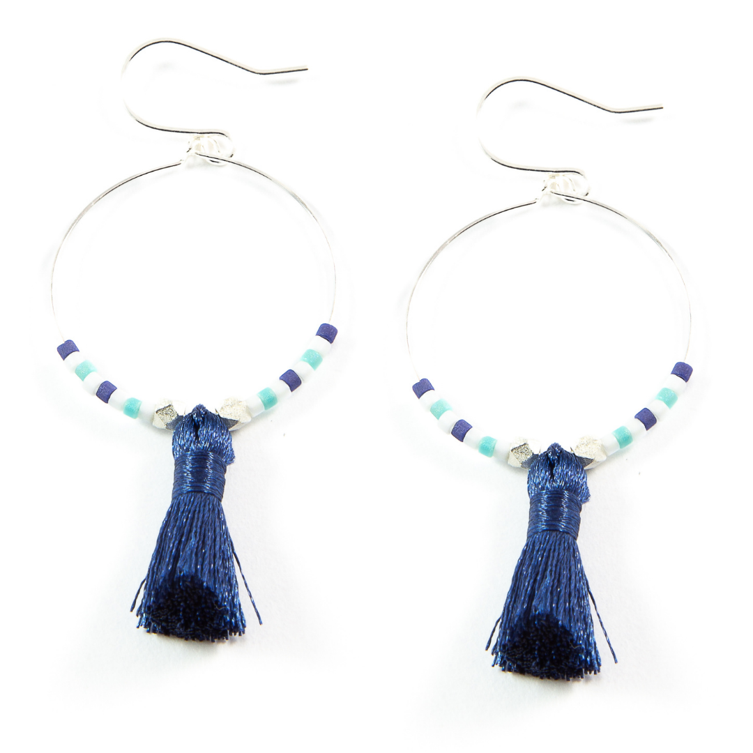 Teal w/ Navy Hoop Tassel Earrings in Silver