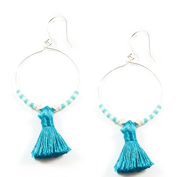 Teal Hoop Tassel Earrings in Silver