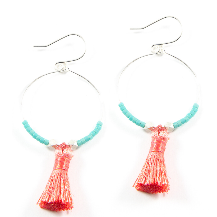 Teal w/ Dark Coral Hoop Tassel Earrings in Silver