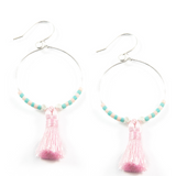 Sunset Pink Hoop Tassel Earrings in Silver
