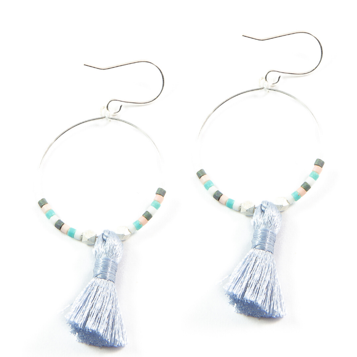 Desert Sunset Hoop Tassel Earrings in Silver