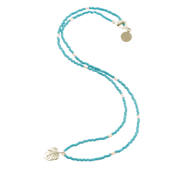 Turquoise & Coral Palm Leaf Tiny Charm Necklace in Silver