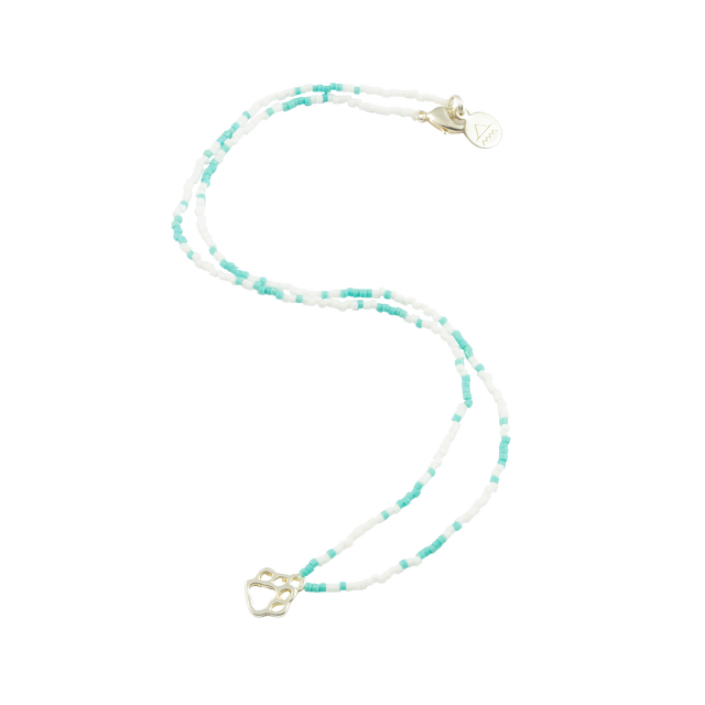White & Teal Dog Paw Tiny Charm Necklace in Silver