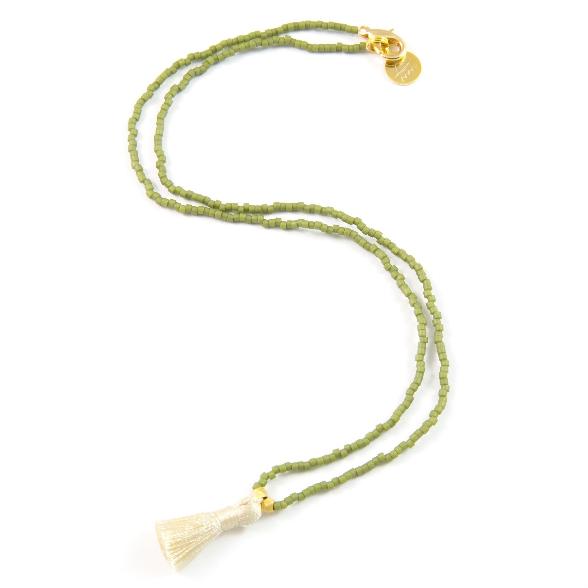 Olive Green w/ Cream Mini Tassel Necklace