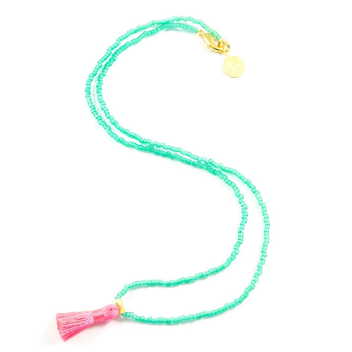 Sea Glass Teal & Pink Mini Tassel Necklace