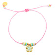 Pink string bracelet with a sea foam green starfish charm and colorful beads shown on white