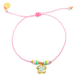 Pink string bracelet with a sea foam green starfish charm and colorful beads shown on white