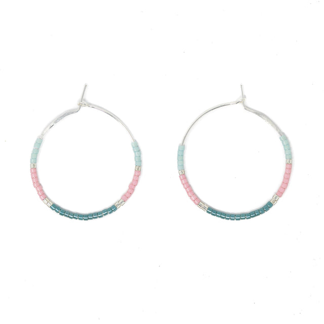 Teals & Blush - Seed Bead Hoops, Wildflower Colors in Silver