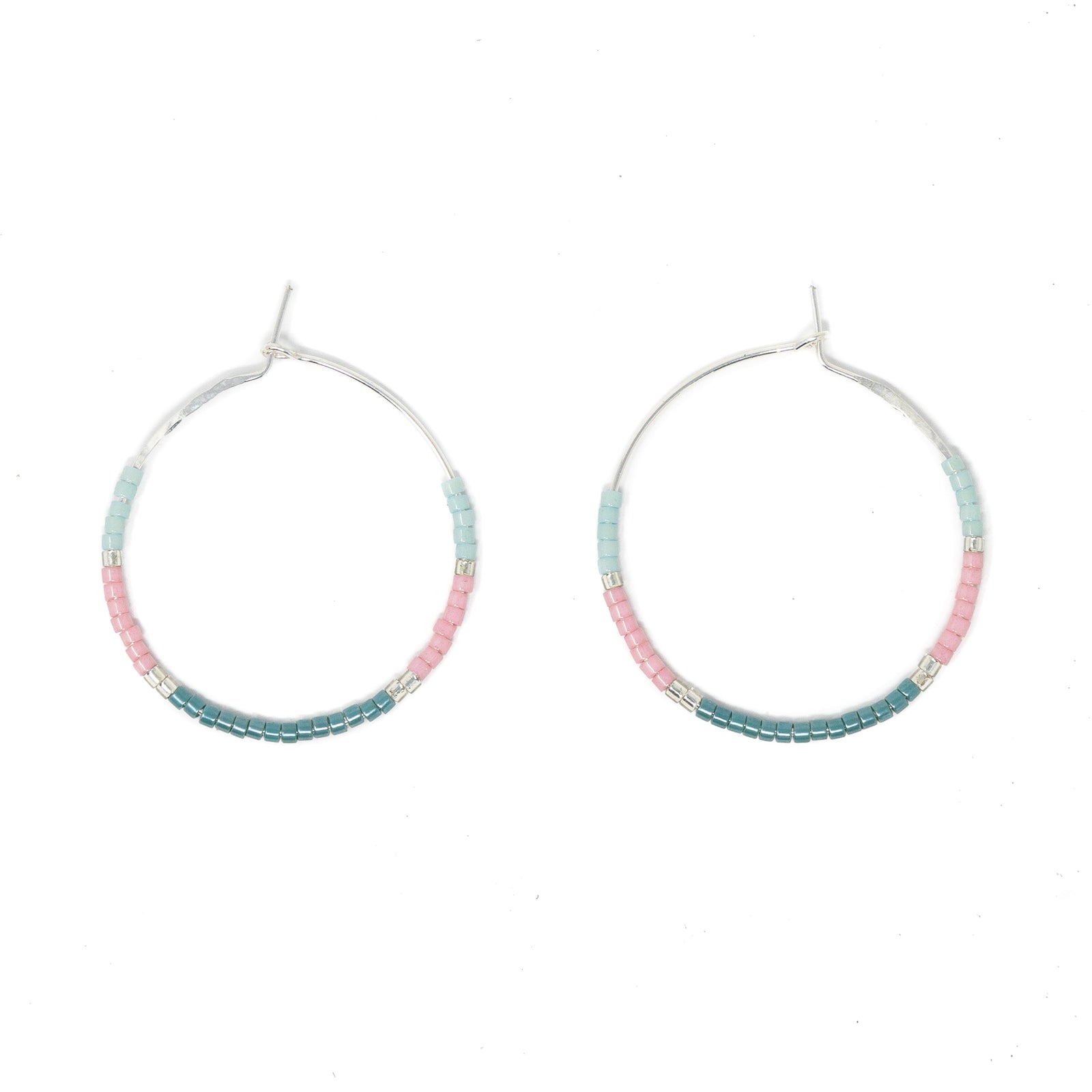 Teals & Blush - Seed Bead Hoops, Wildflower Colors in Silver