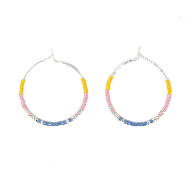 Sunflower Denim Blush - Seed Bead Hoops, Wildflower Colors in Silver