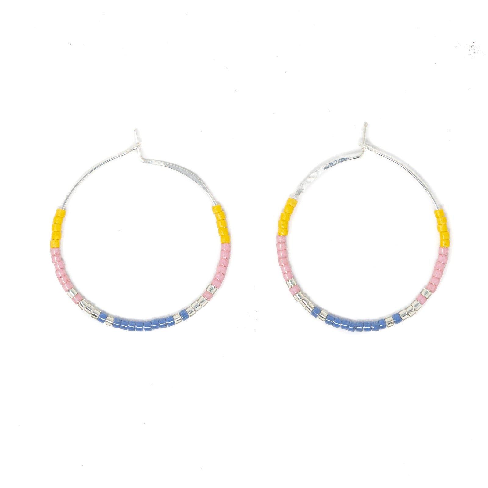 Sunflower Denim Blush - Seed Bead Hoops, Wildflower Colors in Silver