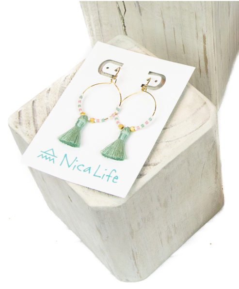 Cucumber with Blush Hoop Tassel Earrings in Gold