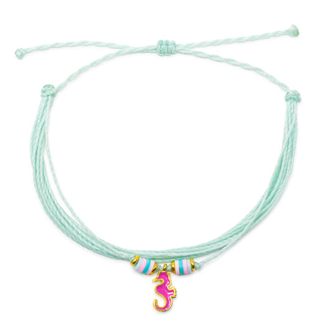 Mint String Anklet with Pink Seahorse Charm on White