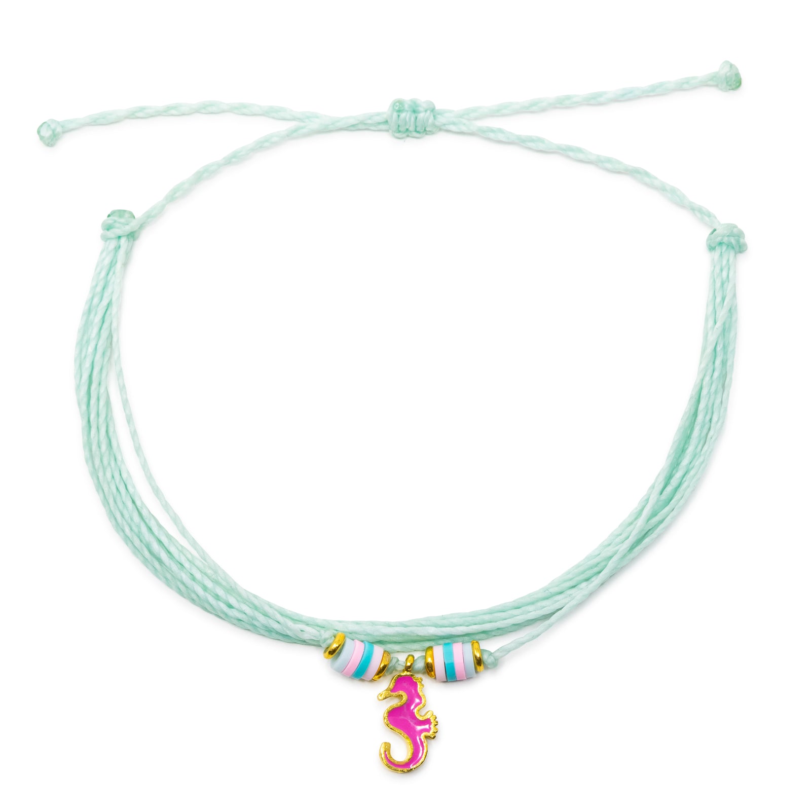 Mint String Anklet with Pink Seahorse Charm on White