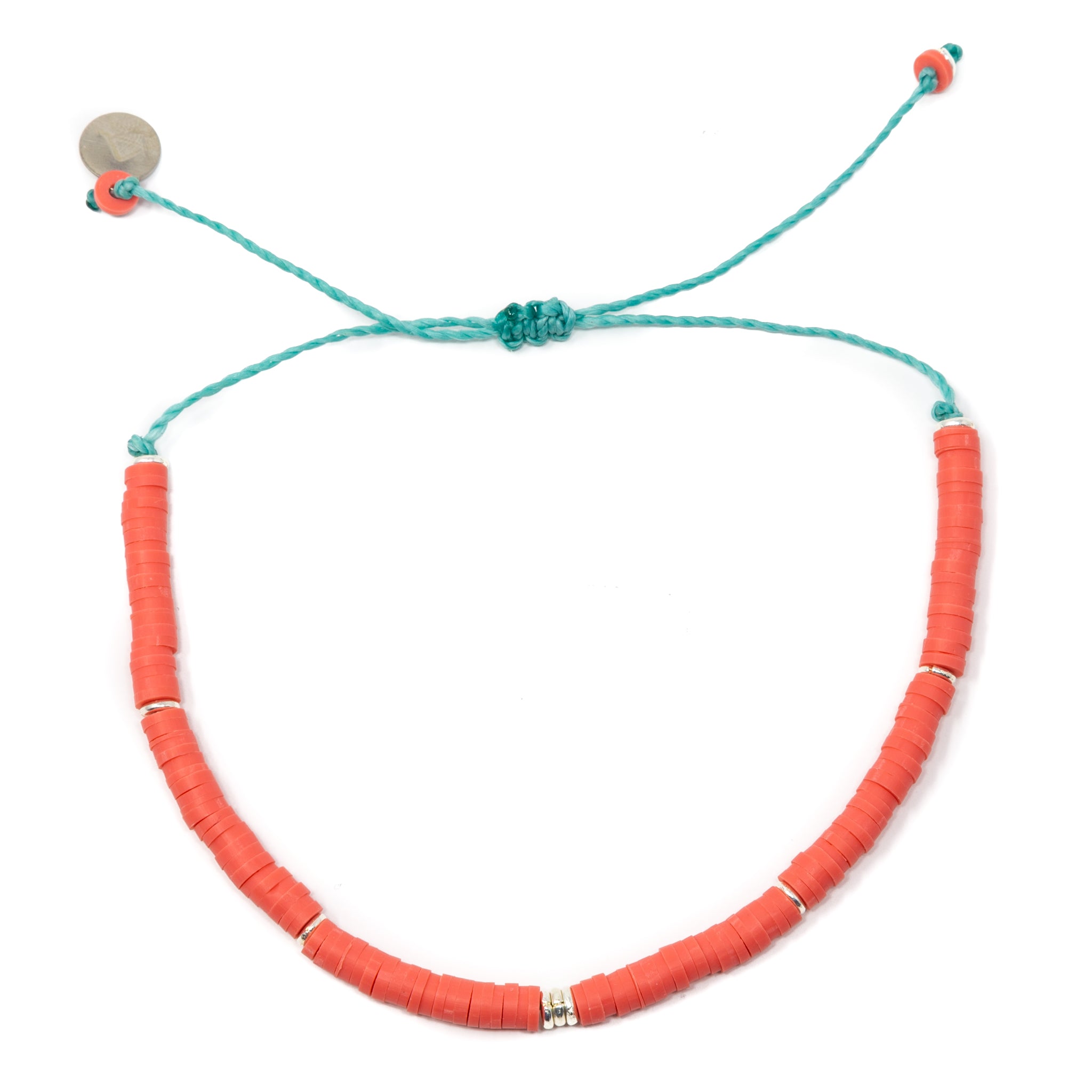 Dark Coral & Silver Heishi Bead Anklet on White