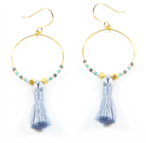 Denim Hoop Tassel Earrings in Gold