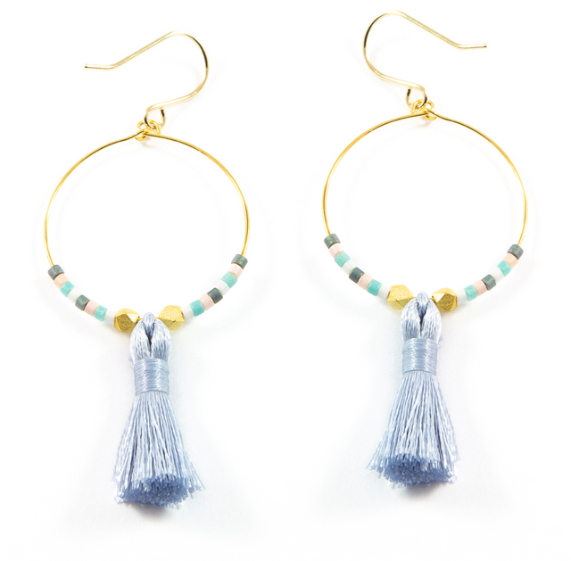 Denim Hoop Tassel Earrings in Gold