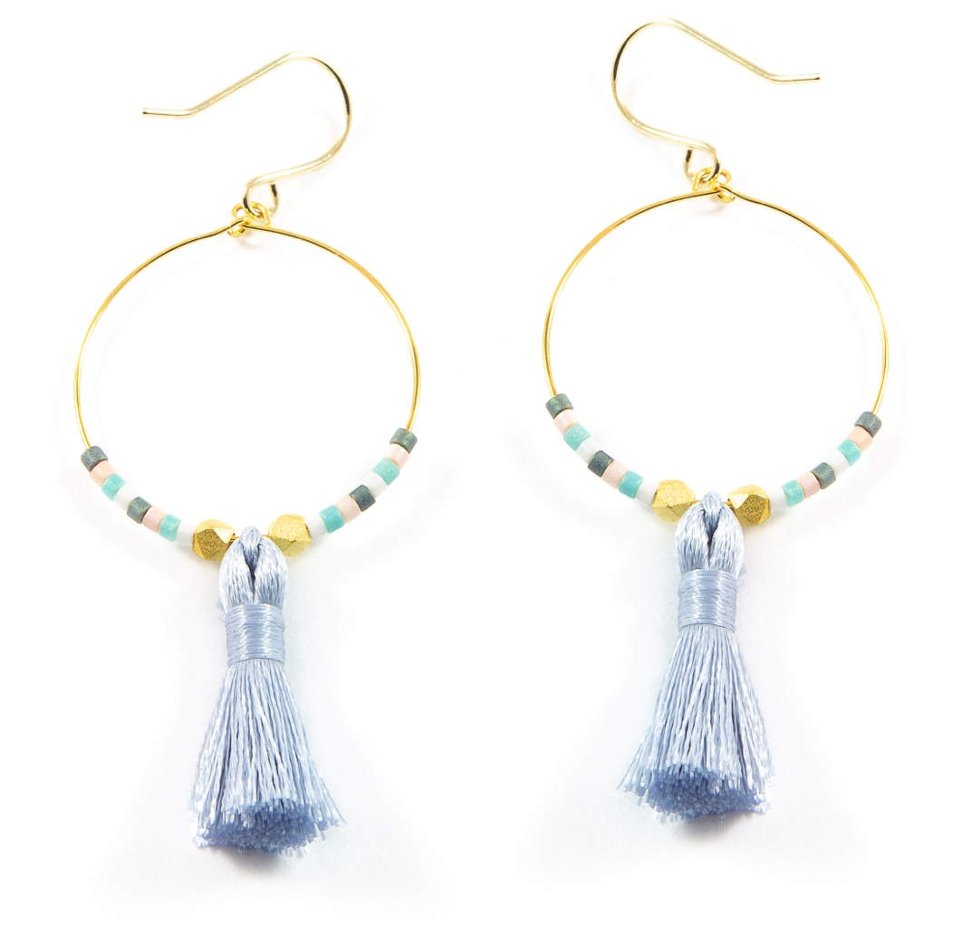 Denim Hoop Tassel Earrings in Gold
