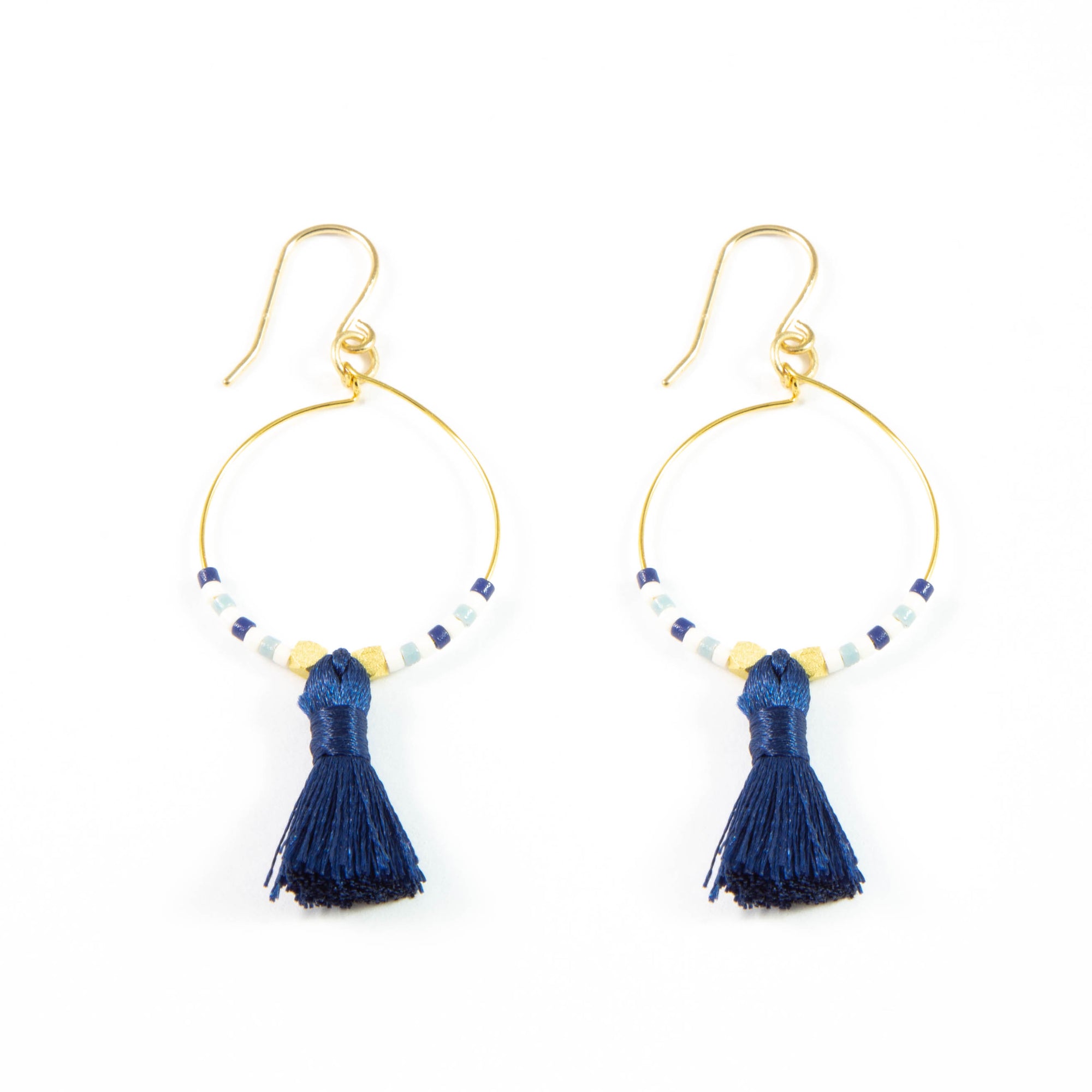 Blues w/ Navy Hoop Tassel Earrings in Gold