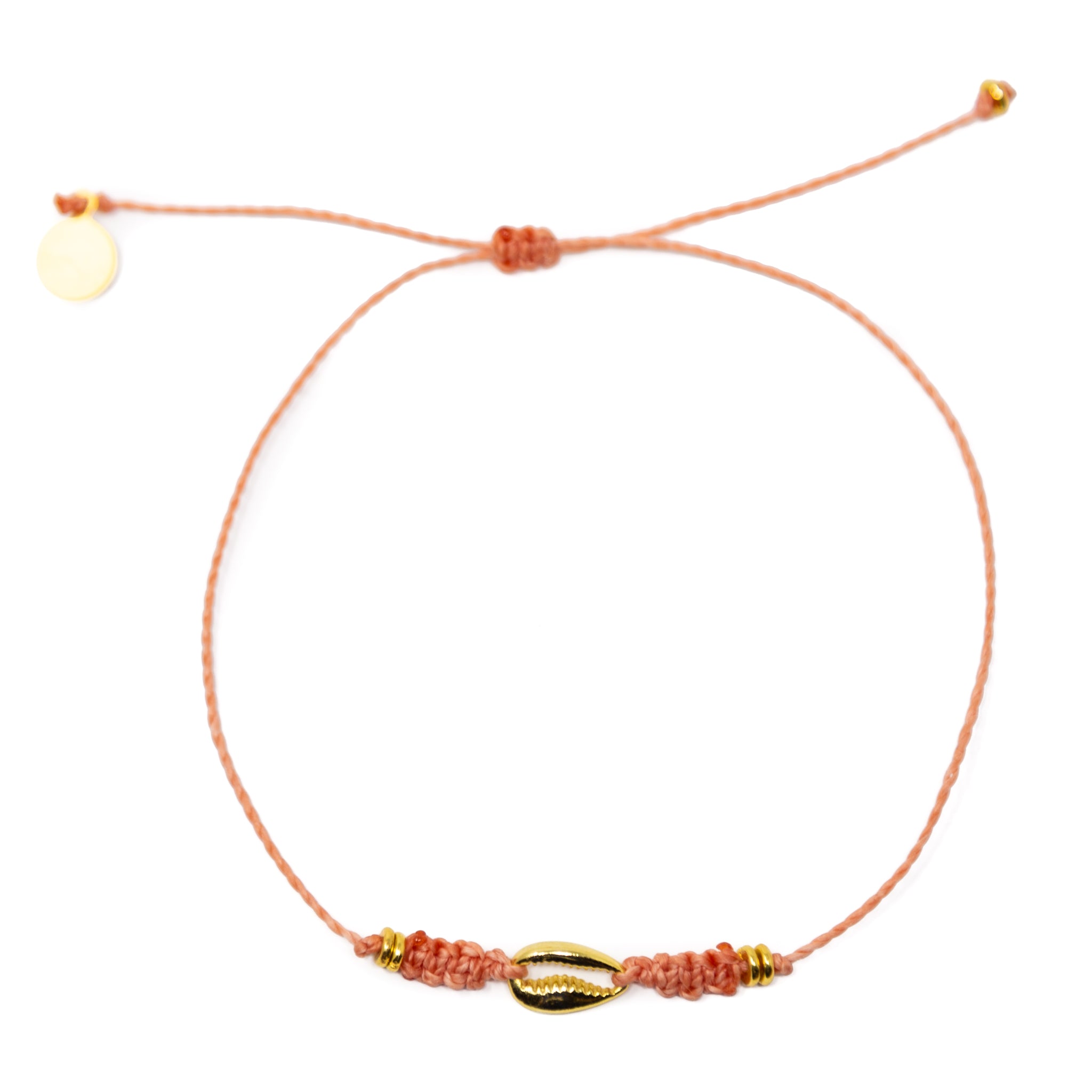 Gold Cowrie Puka Shell on Coral String Anklet on White