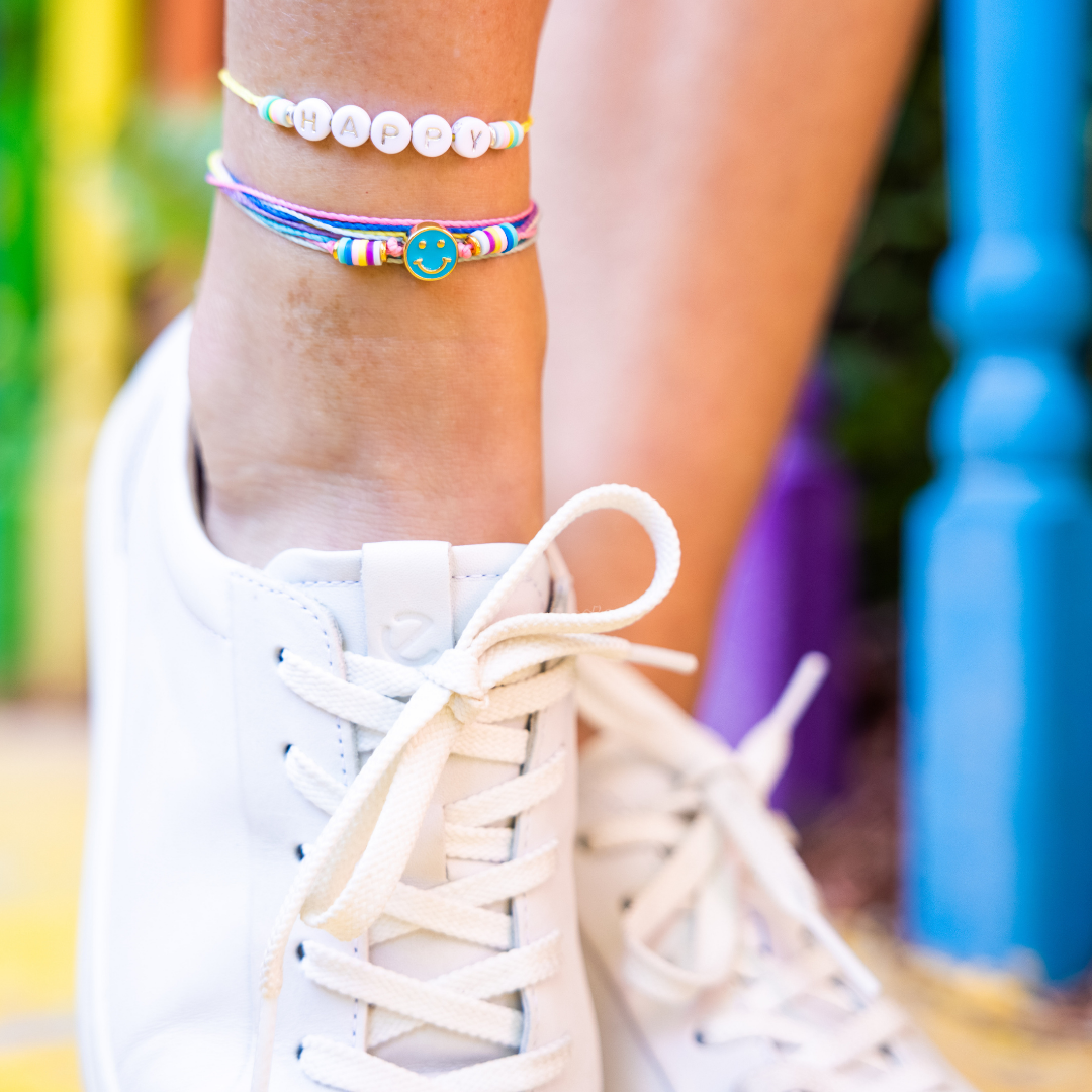 Colorful Anklet Stack Happy Word Anklet Smiley Face Anklet