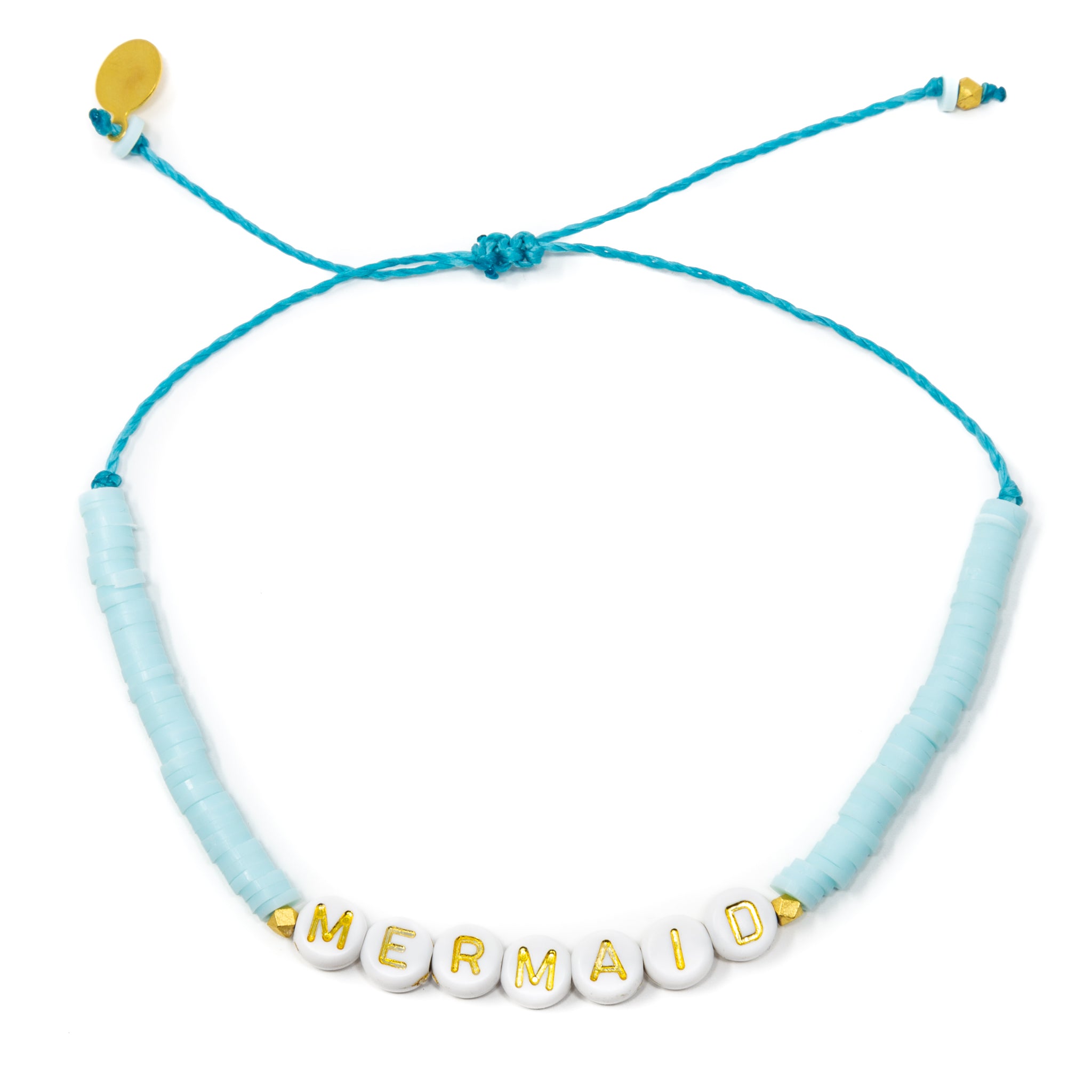 Mermaid Word Anklet. Blue Beads on White