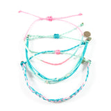 Three coordinating pink & teal bracelets shown on white from the top down