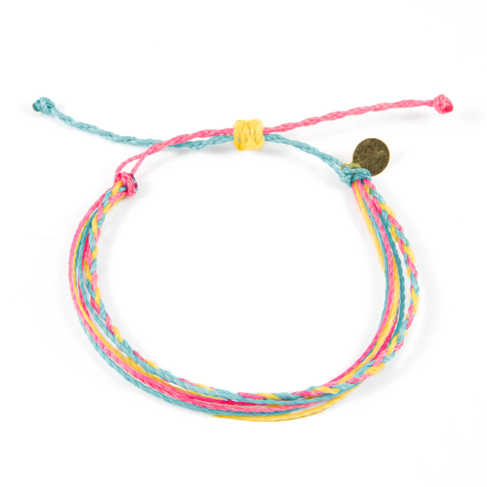 Braided cord bracelet with pink, yellow, and blue colors shown on white from the top