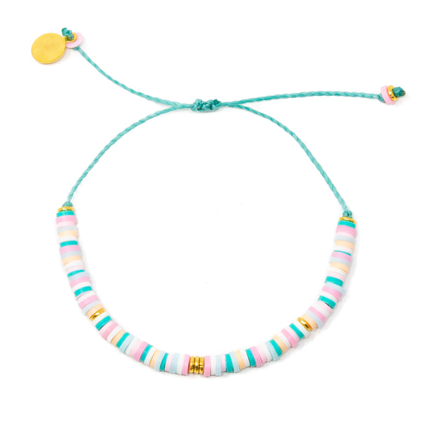 Teals & Pinks Random Pattern with Gold Heishi Bead Surfer