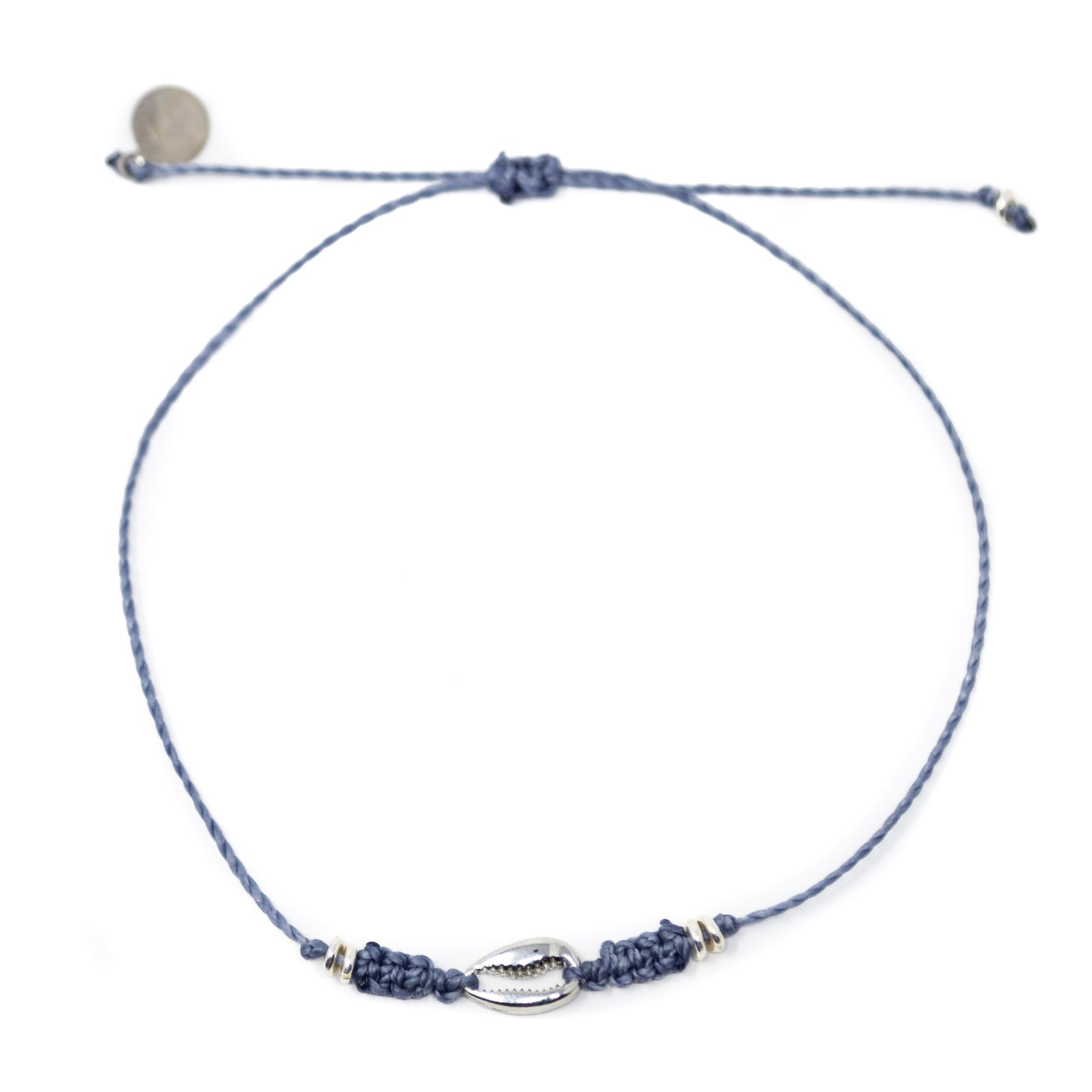 Silver Cowrie Puka Shell on Grey String Anklet on White