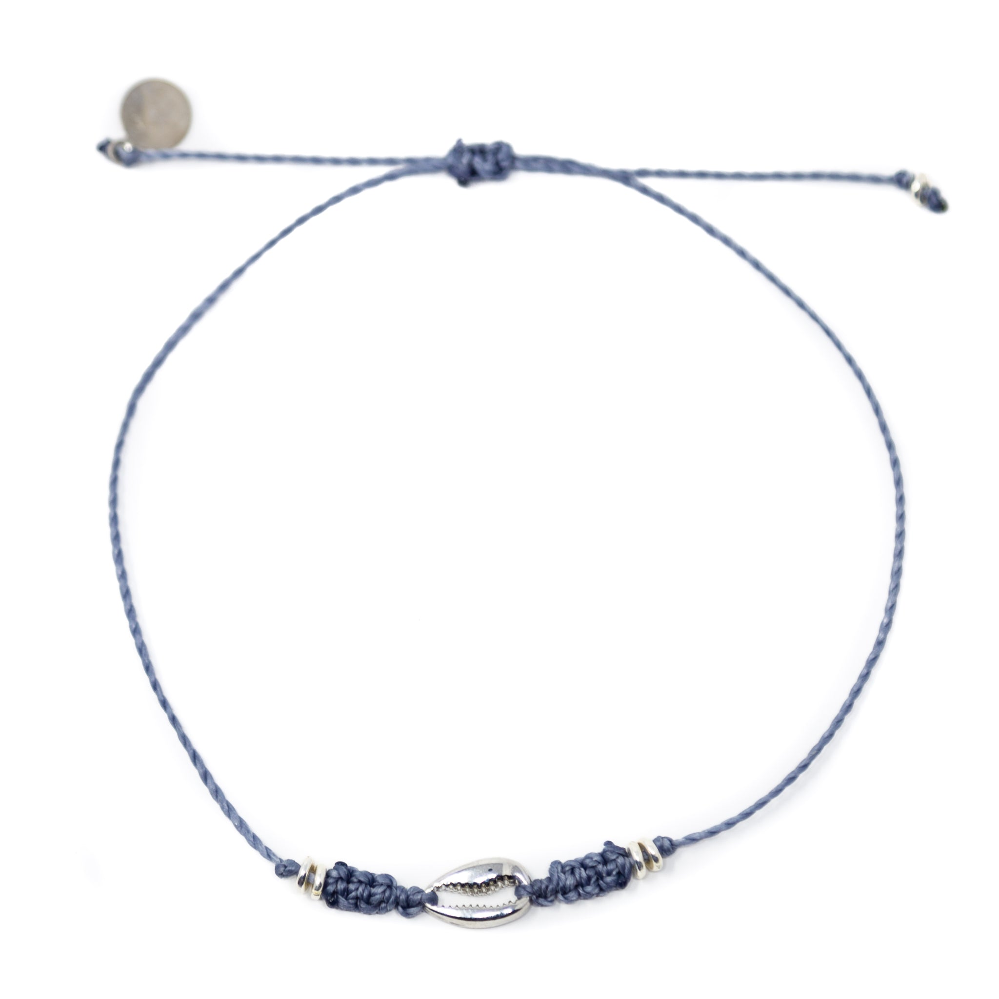 Silver Cowrie Puka Shell on Grey String Anklet on White