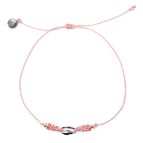 Silver Cowrie Puka Shell on Pink String Anklet on White