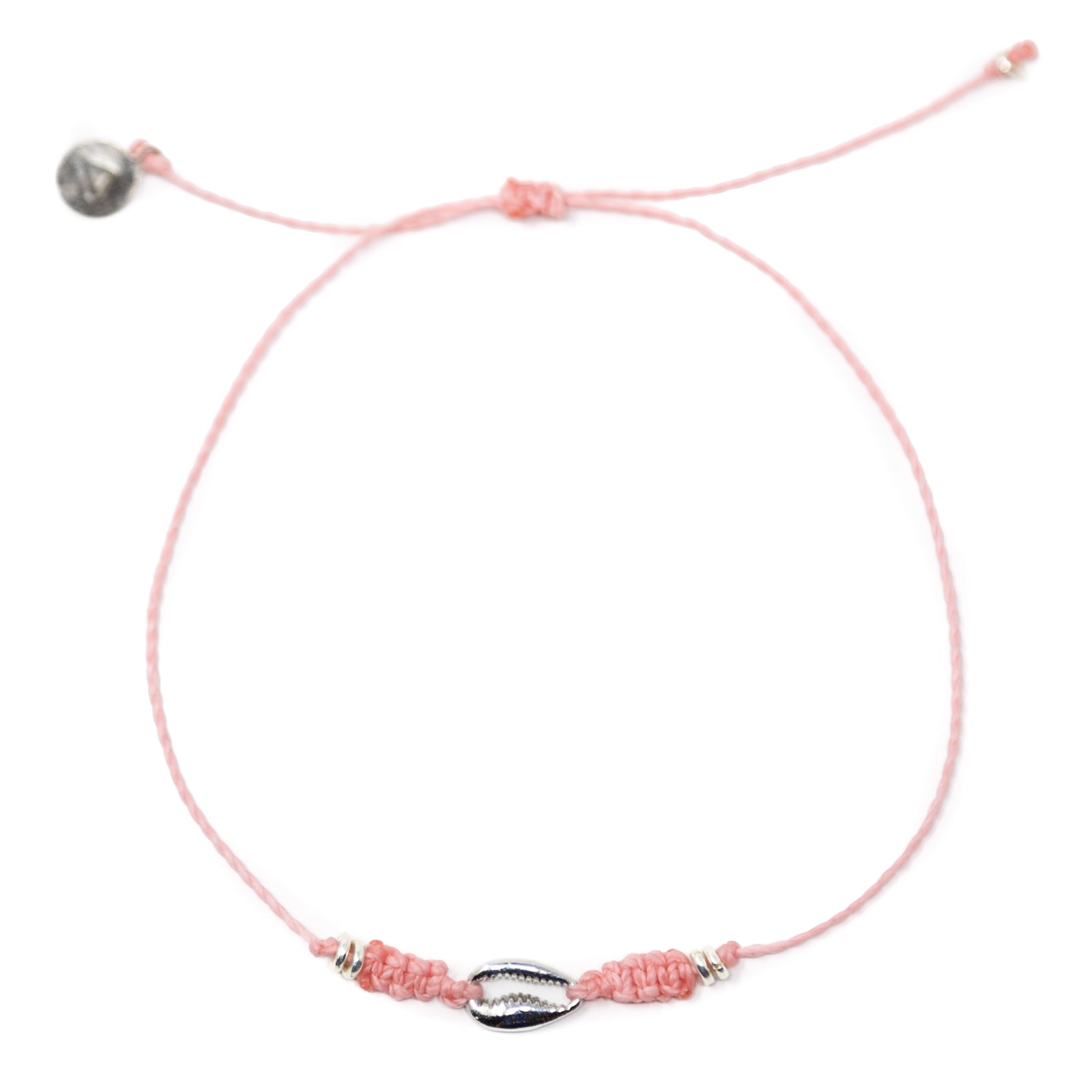 Silver Cowrie Puka Shell on Pink String Anklet on White