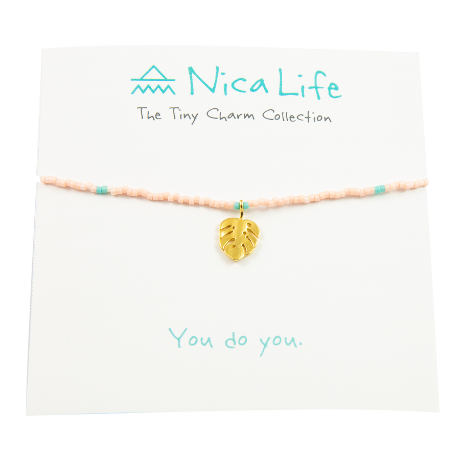 Coral & Teal Palm Leaf Tiny Charm Necklace