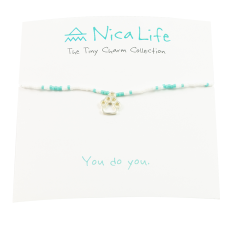 White & Teal Dog Paw Tiny Charm Necklace in Silver