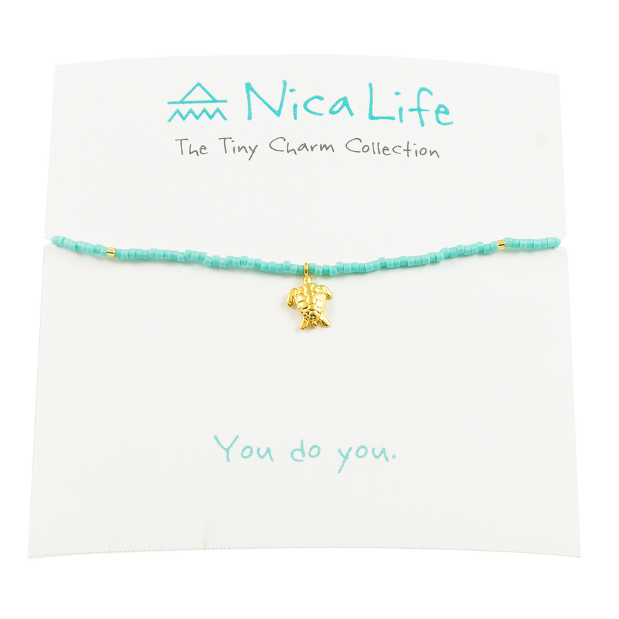 Teal & Gold Fleck Sea Turtle Tiny Charm Necklace
