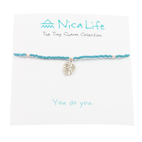 Turquoise & Coral Palm Leaf Tiny Charm Necklace in Silver