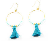 Teal Hoop Tassel Earrings in Gold