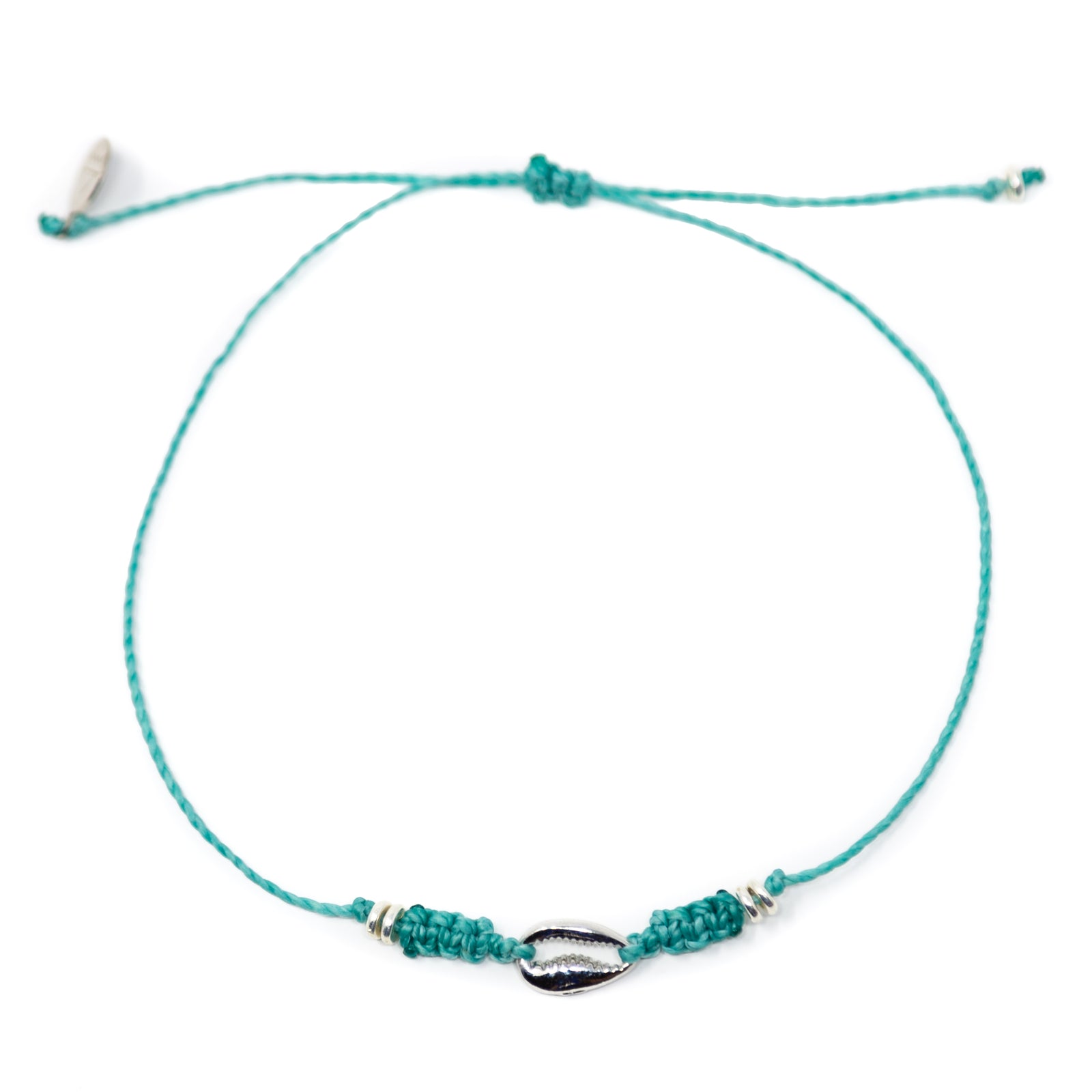 Teal & SIlver Cowrie Puka Shell Charm Anklet on White