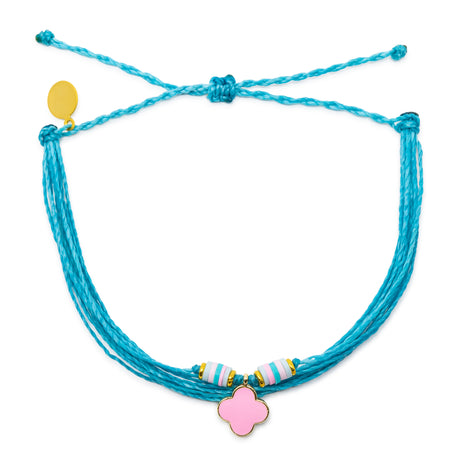 Teal String Anklet with Pink Enamel Clover Charm on White